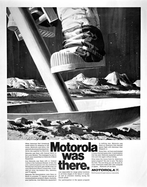 Poster commemorating Motorola communications equipment used in the Apollo space...