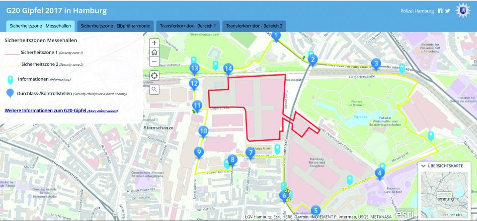 Sicherheitszone beim G20-Gipfel mit einer StoryMap visualisiert.