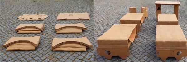 Ein Testpaket mit dem zusätzlichen Tisch und Hockern im Transportzustand...