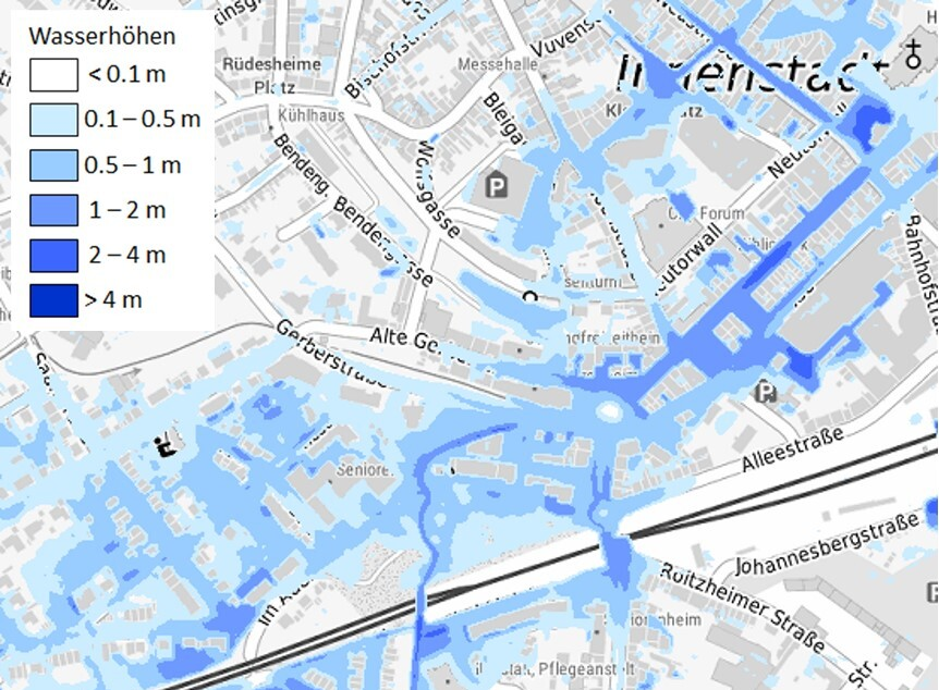 Simulationsergebnis (Überflutungstiefen) für ein Starkregen-Ereignis in...