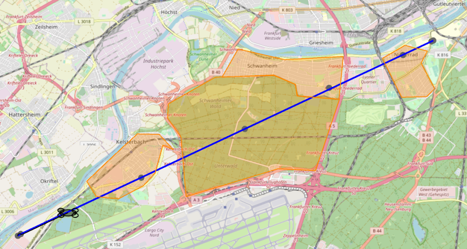 Abbildung 5: Eine Variante ist ein Überlandflug entlang der Luftlinie (blau)